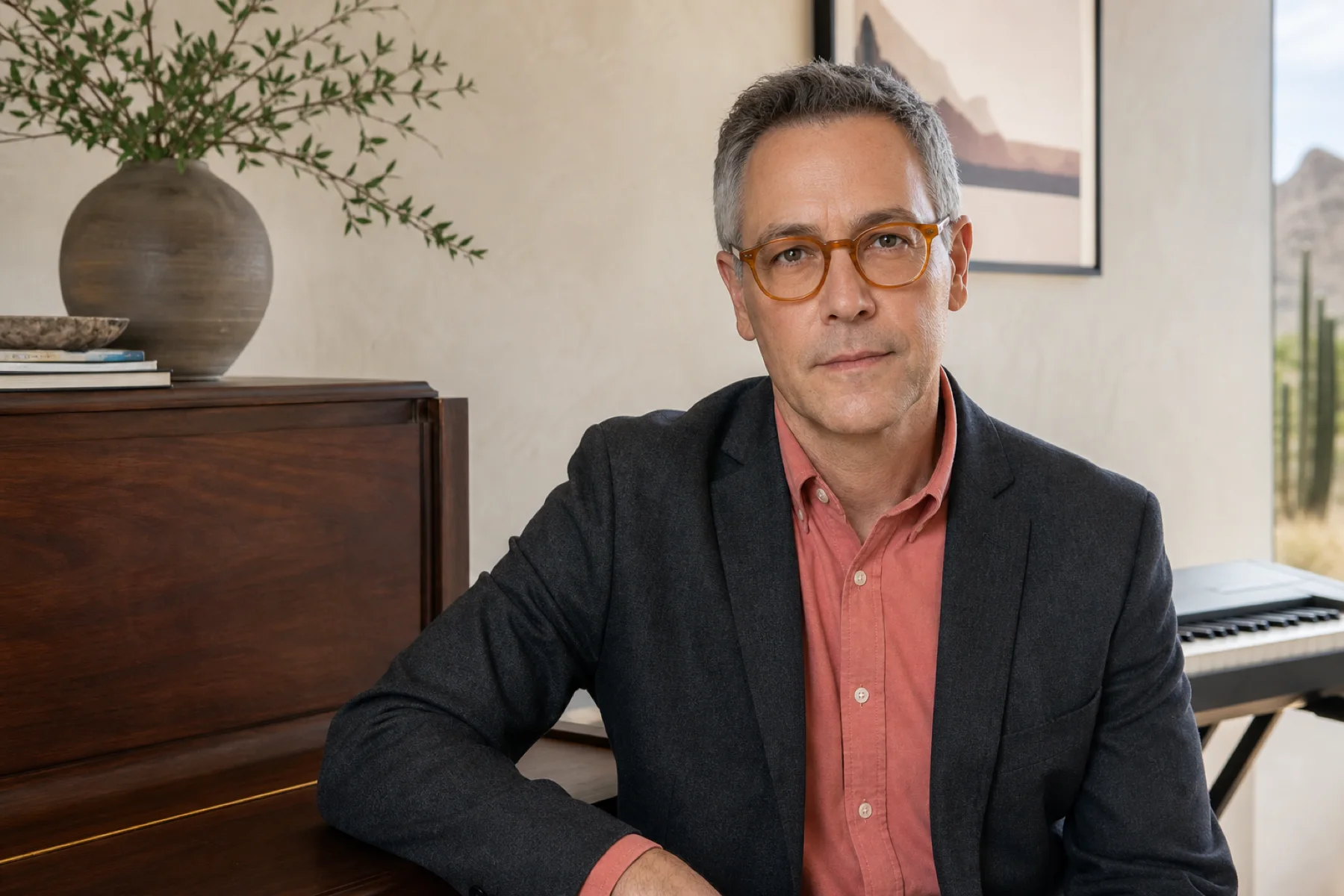 Martin Bexler seated beside a piano in his Moon Valley music room
