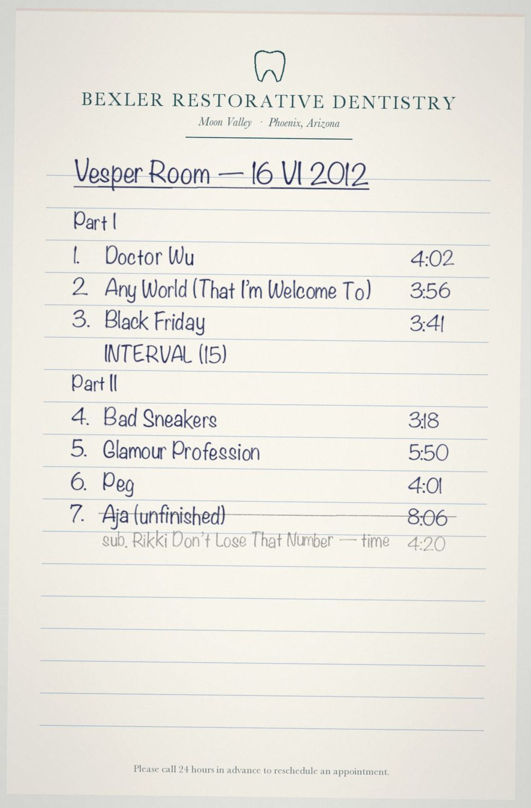 Running order for June 16, 2012, on a practice notepad, with one selection crossed out and another penciled beside it