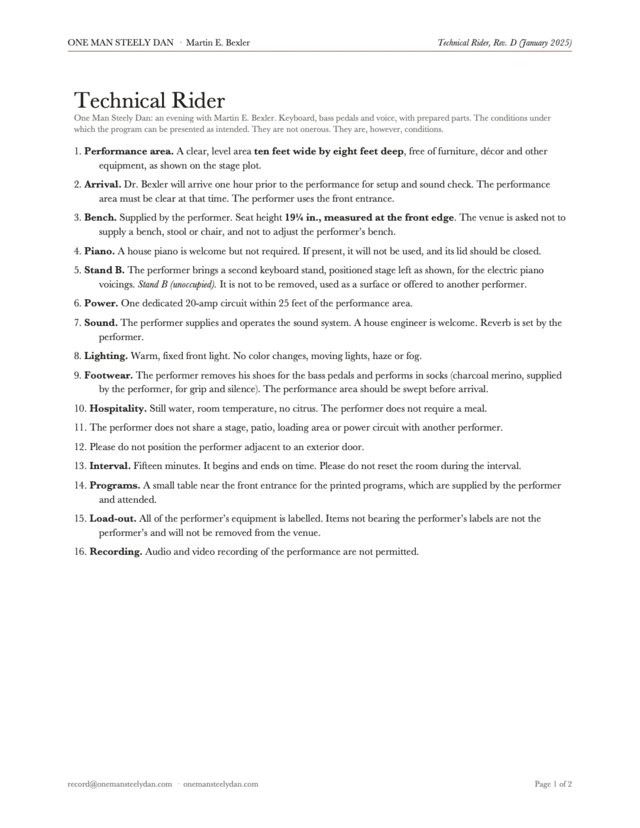 First page of the technical rider, Rev. D